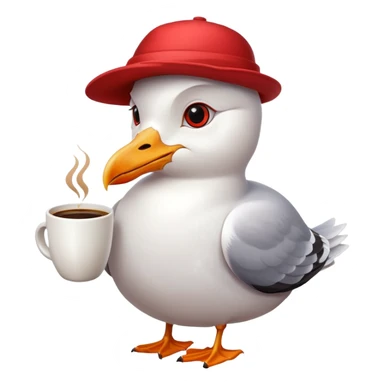 Seagull in cotton red hat with a cup on coffee sticker