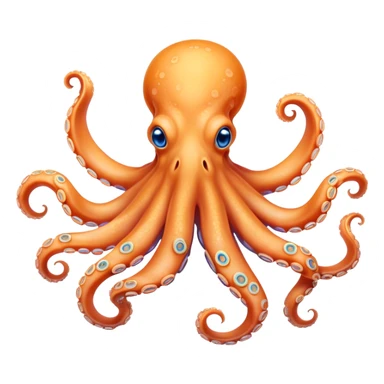 Cinematic Noble smiling Octopus Portrait Emoji, Poised and enchanting, with a light orange body adorned with vibrant blue rings and eight delightfully curling arms with gentle suckers, large sparkling eyes exuding warmth and playfulness, Simplified yet charmingly expressive features, highly detailed, glowing with a soft, magical underwater radiance, high shine, intelligent and irresistibly cute, stylized with an air of whimsical marine enchantment, focused and fluid, soft glowing outline, capturing the essence of a watchful and endearing octopus that appears ready to float out of the screen with delightful charm! sticker