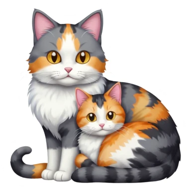 full body large dark grey and white cat cuddling a colourful light patched calico + white tabby cat  sticker