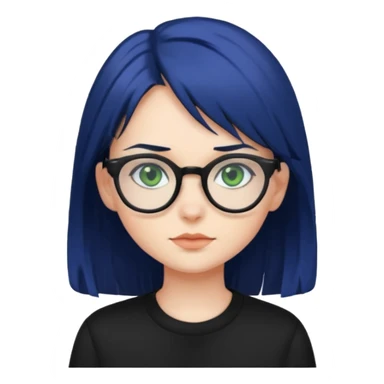A girl with dark blue hair, glasses and green eyes, wearing black clothes  sticker