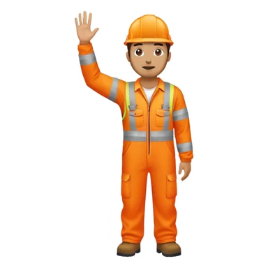 man standing facing away, wearing orange hi visibility overalls  with one arm raised sticker