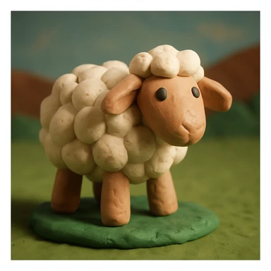 fluffy sheep standing on green grass, visible fingerprints, matte plasticine look, claymation style sticker