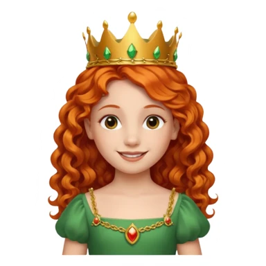 girl kid, Princess with long curly red orange hair, green dress, small crown sticker