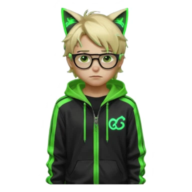 Light blond, slightly messy hair
Black glasses
A black hoodie with cat ears
Neon green details on the jacket and pants (glowing lines and stripes)
An overall hacker / cyberpunk style look
A neutral facial expression (boy )eyes brown) sticker