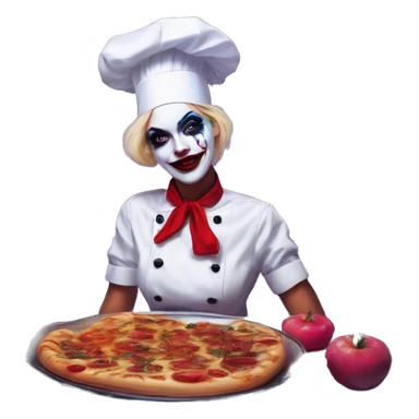 Synthwave chef in Harley Quinn style, oil paint, mysterious eyes, intricate lips, masterpiece portrait, odd perspective, beautiful, desirable, logical sticker