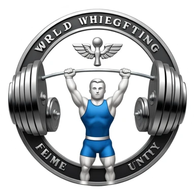 An emblem representing the World Weightlifting Federation with a stylized barbell and global elements. Bold text and clean lines symbolize strength, unity, and competition. Modern, dynamic design with a transparent background. sticker