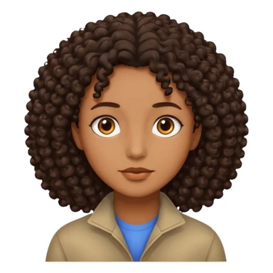 This is a cartoon-style avatar of a person with dark curly hair, brown skin, and a calm expression sticker