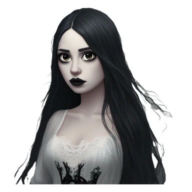 Dramatic girl  goth white pale with dark lighting  with black hair  in river with very very long lace dress  black long hair flying in the wind sad face  white eyes sticker