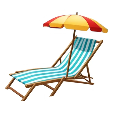 Icon for Beach Tourism: a sunny beach with the sea and waves, a lounge chair, a sun umbrella, and flip-flops on the sandy shore. The background should be a clear, vibrant ocean view with the sun shining brightly. Transparent background. sticker