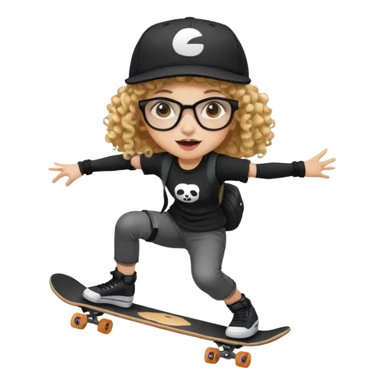 ["An excited girl with light skin, curly hair, wearing a baseball cap and square glasses, dressed in goth fashion, is skateboarding while holding a camera."] sticker