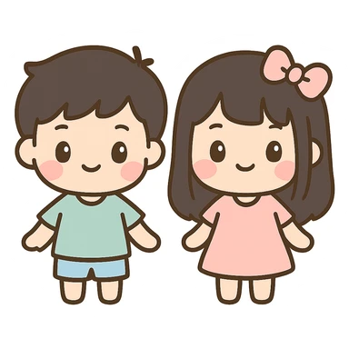two kids, a boy and a girl, both with black hair, kawaii style sticker
