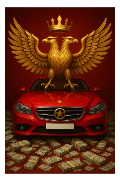 Make the emoji with Albanian mafia symbols (double-headed eagle, money, luxury car, red background) more realistic with detailed realism. sticker