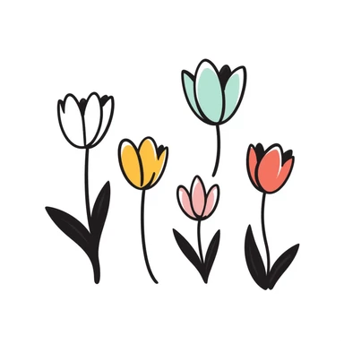 Tulip flowers with stems and leaves in pastel colors (dd9fb0, ffc6d3, a3bfc9, c4bee2, f1b091), hand-drawn doodle style sticker