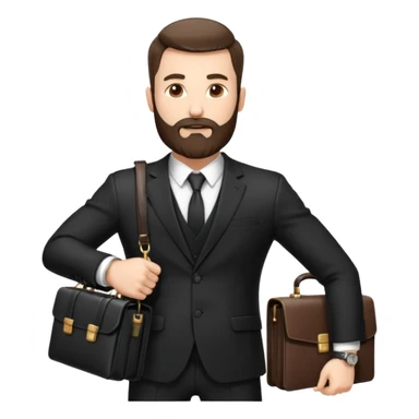 A handsome man, 40+ years old, with a thick beard in a black suit, fair skin, short stylish haircut, full-length photo, wearing an expensive watch, unusual pose, holding a briefcase, pumped up, super realistic emoji sticker