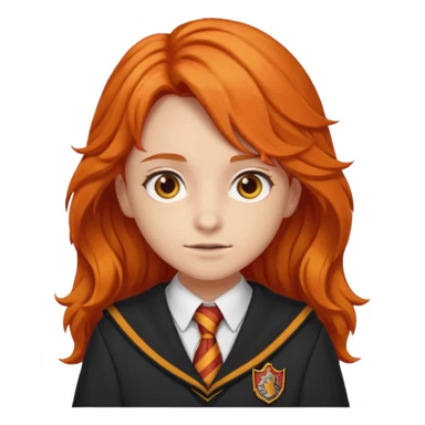 A iphone emoji with long wavy fierce orange hair and hazel eyes, wearing Gryffindor school uniform sticker