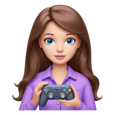beautiful barbie girl with long brown hair, blue eyes and wearing light purple clothes playing console games with controller sticker
