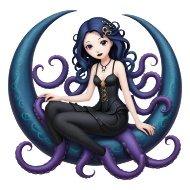 goth lady with tentacles, sitting on a crescent moon, tentacles swirling around sticker