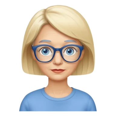 white woman about 60 years old blonde bobbed hair blue eyes glasses sticker