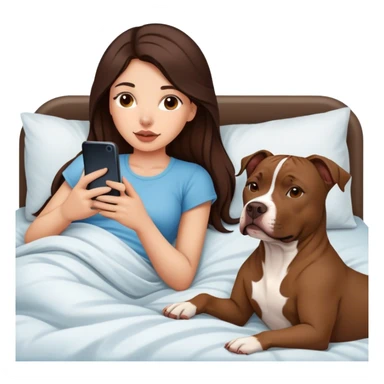 Girl long dark brown hair lays bed with her cell phone and her brown pit bull lays guarding her sticker
