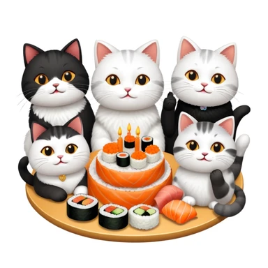 Group of nine cats having sushi at a birthday celebration sticker