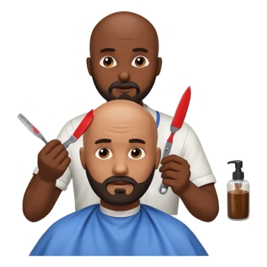 A bald man with a dark brown beard cutting someone’s hair at a barber shop and the other one is eating a poop sticker