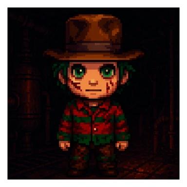 Add a spooky, nightmarish background with a boiler room and dark shadows behind Freddy Krueger, keep pixel art style sticker