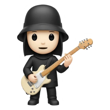 Minimalist chibi emoji of Buckethead: tiny body, oversized bucket helmet, simple black clothes, holding a guitar, spooky-cool but adorable sticker