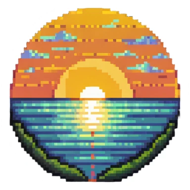 semicolon with a sunset inside, pixel art style sticker