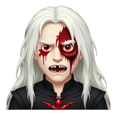 Creat a young man Vampire that have long white hair and white skin and full black eyes and bloody mouth and full black outfit and long fangs and scary eyes sticker