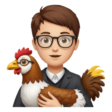 A dued whareing glasses that's ridding a dog-chicken mix sticker