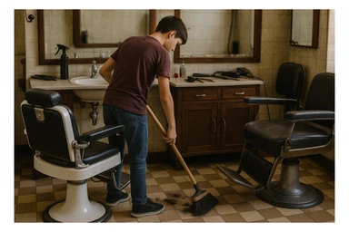 sartaroshxonani tozalayotgan o'smirin bola juda  yosh ham emas katta ham supir sudir qilaytgani narsalarni tozalayotgani yuzi ko'rinmasin
 sticker