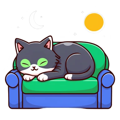 tricolor fluffy cat with big green eyes sleeping on a sofa with a moon above her sticker