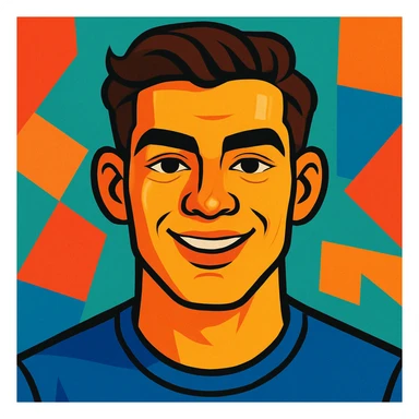 portrait of a young man, early twenties, square face, strong jaw, prominent cheekbones, broad forehead, thick arched eyebrows, hazel almond eyes, prominent eyelids, wide nose bridge, upturned tip, full lips, thinner upper lip, wheat skin, dark brown wavy hair combed right to left, normal close-set ears, sincere happy smile, vibrant toon style sticker