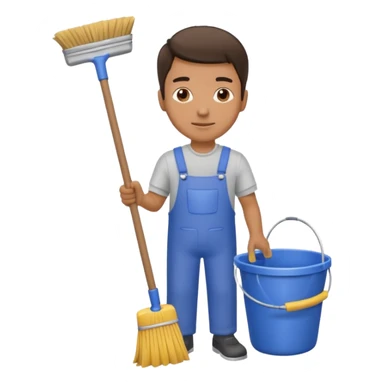 man in cleaning clothes, holding a broom and a bucket sticker