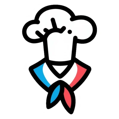 a pastry chef with a blue, white, and red collar sticker
