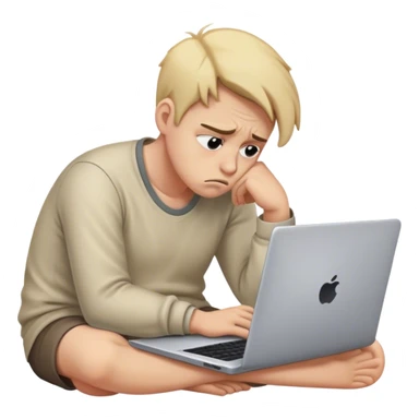 Create an emoji of a tired person sitting at a laptop, looking exhausted and frustrated. They have slouched posture, representing overwork and burnout. sticker