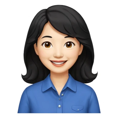 60 yr old asian woman, wavy thick black hair past shoulder length, side part, side swept bang, big smile, collared shirt, long hair sticker