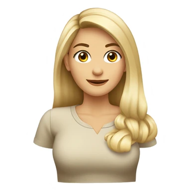 Mujer con cabello rubio lacio, bajo el hombro, con flequillo de lado, frente amplia y aros de argolla. Camisa color beige con cuello tortuga sticker