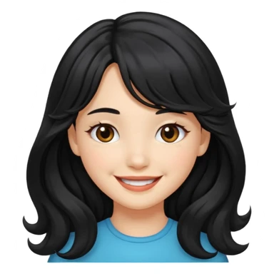 Please generate a portrait of a pretty girl with long, wavy, black hair. She's smiling. She also wears a middle parting and bangs. sticker