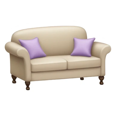 Delicate beige sofa with a light purplebedspread and a pillow sticker