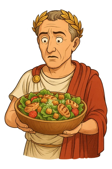 Используя такую стилистику сгенерируй Императора Цезаря, который задумчиво и удивленно держит в руках тарелку с салатом Цезарь, прозрачный фон sticker