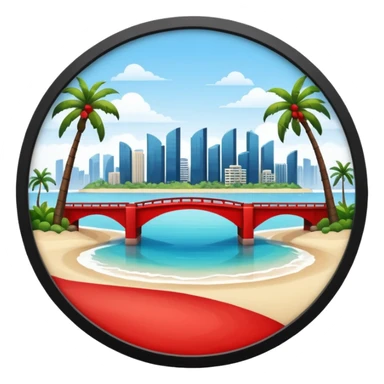a circle island with modern buildings, a beach with palm trees in the front. also, a red bridge behind.  sticker
