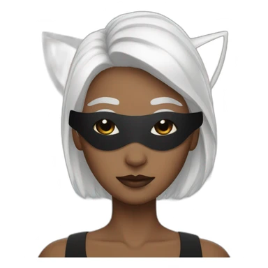 A woman with white hair and cat ears and a black mask around her eyes has white skin  sticker