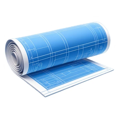 side view of a blue blueprint plan with white lines, partially unrolled sticker