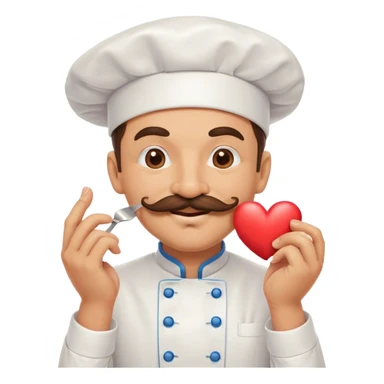 Mustachioed chef with smiling eyes giving a big smooch at his pinched together fingertips with a heart emoji sticker