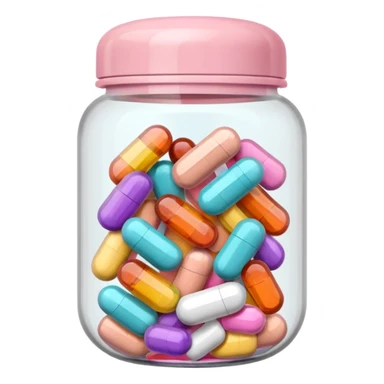 Transparent capsule jar with pastel pink lid, filled with multivitamins sticker