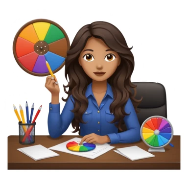 female dark wavy long hair graphic designer , holding color wheel , pens, papers, desktop sticker