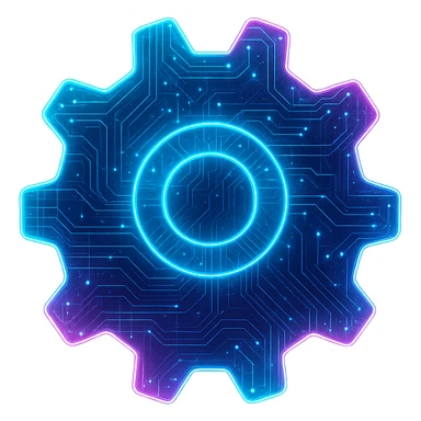 Transform the Windows settings icon (gear) into a cyberpunk, holographic style with glowing neon blue and pink edges, circuit patterns throughout the entire icon, and a transparent background. Maintain the recognizable gear shape, overlaying neon and circuit effects in a consistent futuristic, clean cyberpunk glow style with intricate circuit details. sticker