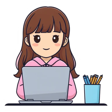 A fair-skinned girl with long brown hair and bangs, brown eyes, wearing pink clothing, and holding a laptop. sticker