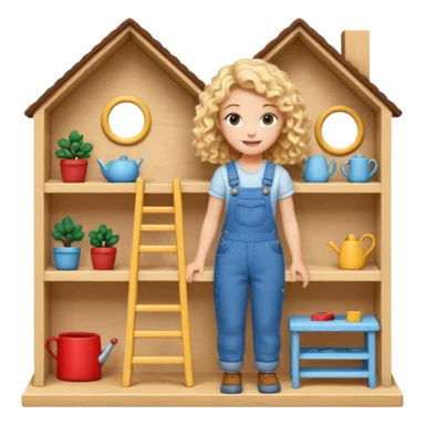 smiling blonde curly girl arranging furniture in doll house with overalls sticker